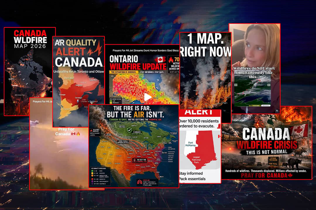 A compilation of images showing the 2026 Canada wildfire crisis, with AI-generated video clips and sensationalized graphics tha circulated on social media.